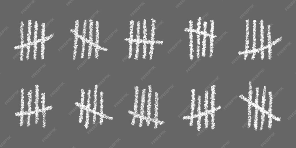 white tally marks gray background chalk drawn sticks sorted by four crossed out by slash line 254622 328